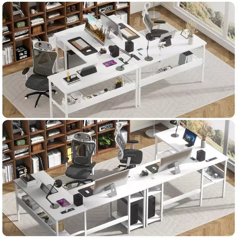 Besiost Bureau d'angle en L de 119,4 cm avec rangements, prises de courant, ports USB, bureau réversible pour ordinateur