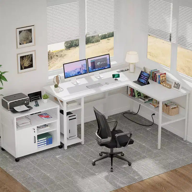 Besiost Bureau d'angle en L de 119,4 cm avec rangements, prises de courant, ports USB, bureau réversible pour ordinateur