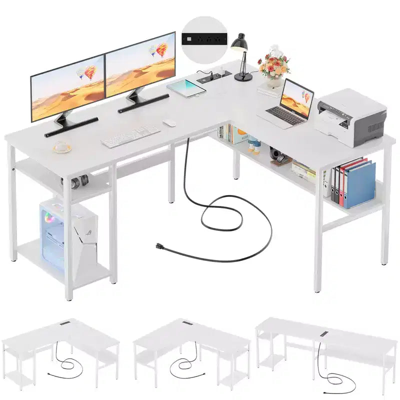 Besiost Bureau d'angle en L de 119,4 cm avec rangements, prises de courant, ports USB, bureau réversible pour ordinateur