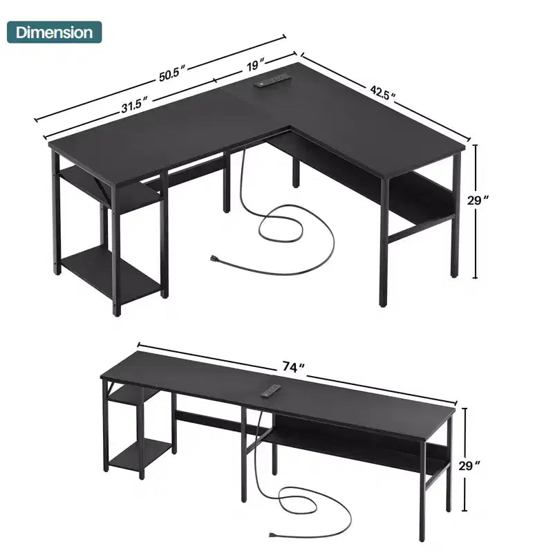 Besiost Bureau d'angle en L de 119,4 cm avec rangements, prises de courant, ports USB, bureau réversible pour ordinateur