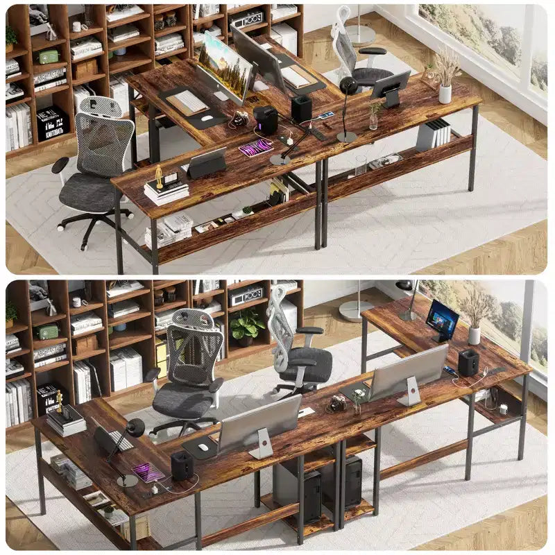 Besiost Bureau d'angle en L de 119,4 cm avec rangements, prises de courant, ports USB, bureau réversible pour ordinateur