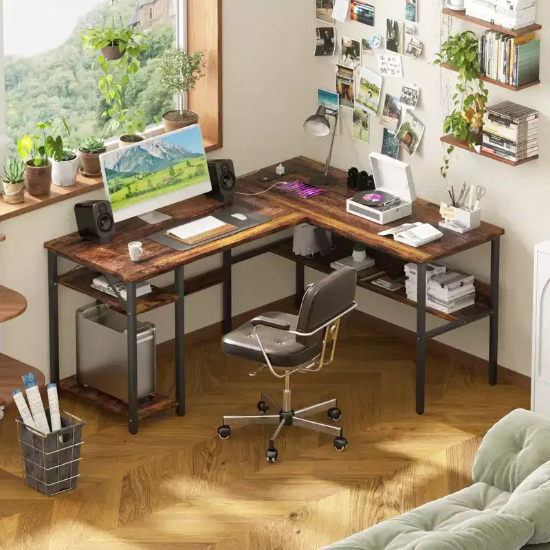 Besiost Bureau d'angle en L de 119,4 cm avec rangements, prises de courant, ports USB, bureau réversible pour ordinateur