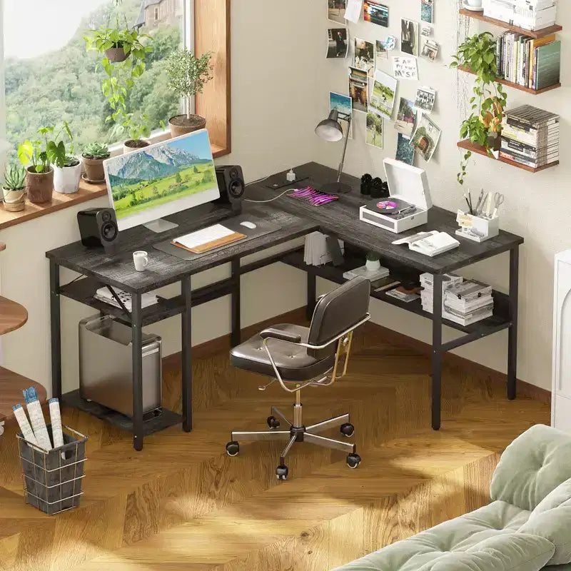 Besiost Bureau d'angle en L de 119,4 cm avec rangements, prises de courant, ports USB, bureau réversible pour ordinateur