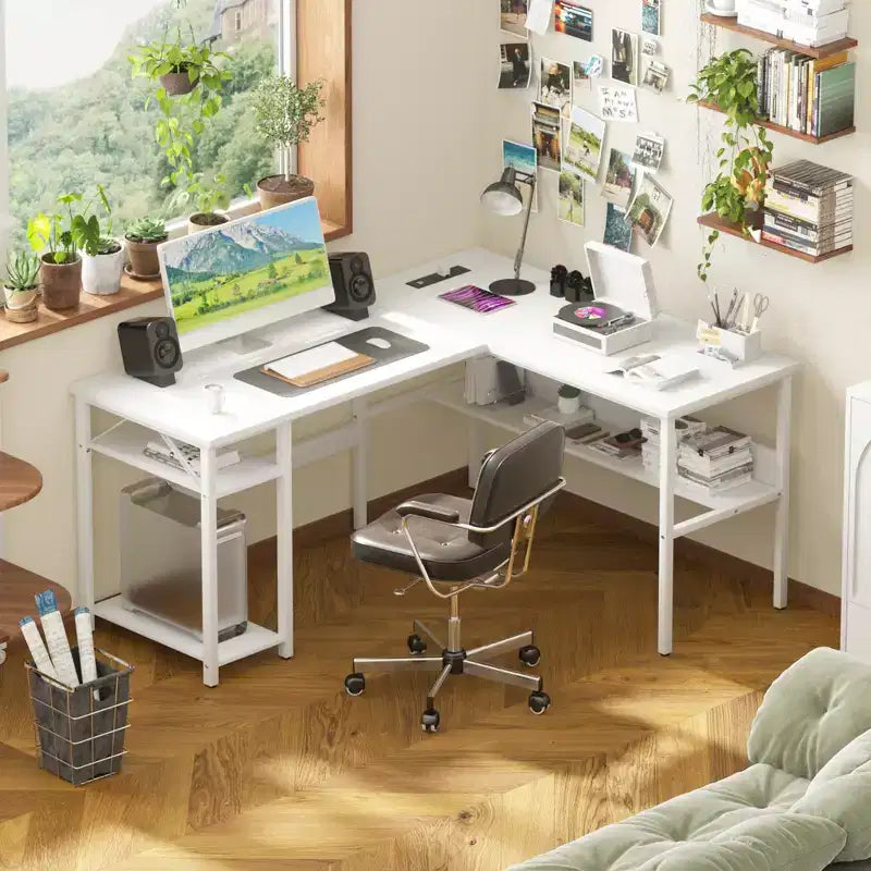 Besiost Bureau d'angle en L de 119,4 cm avec rangements, prises de courant, ports USB, bureau réversible pour ordinateur