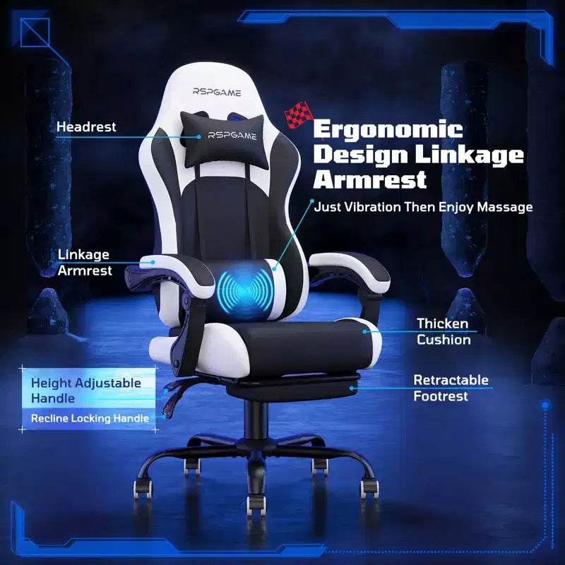 Chaise de jeu ergonomique basique RSPGAME pour adultes, chaises de bureau en cuir PU avec support lombaire vibrant et repose-pieds rétractable, chaises d'ordinateur de maison