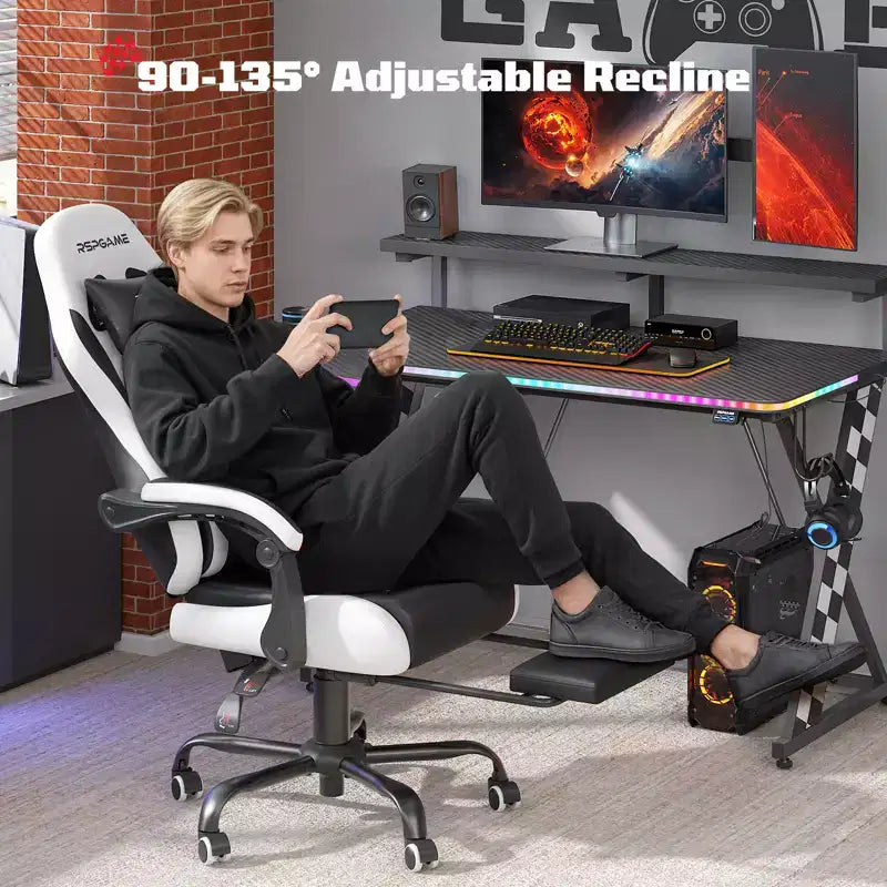 Chaise de jeu ergonomique basique RSPGAME pour adultes, chaises de bureau en cuir PU avec support lombaire vibrant et repose-pieds rétractable, chaises d'ordinateur de maison