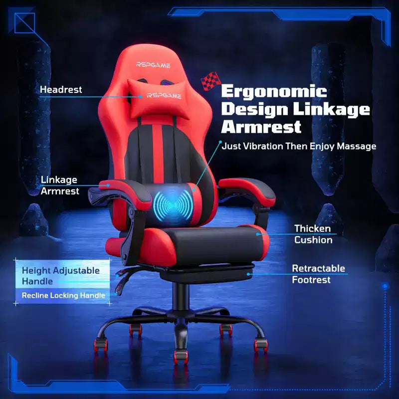 Chaise de jeu ergonomique basique RSPGAME pour adultes, chaises de bureau en cuir PU avec support lombaire vibrant et repose-pieds rétractable, chaises d'ordinateur de maison