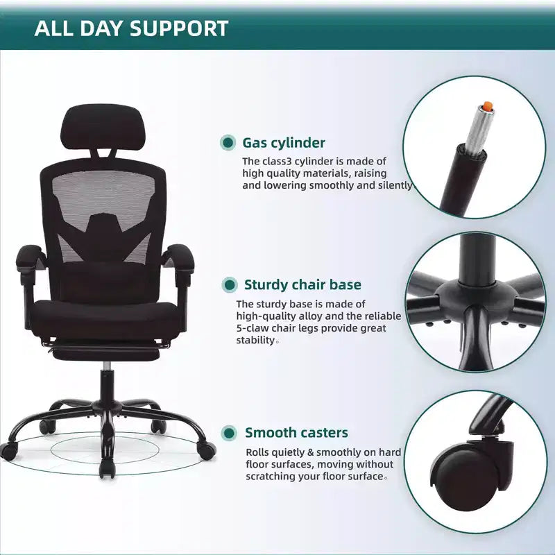 TUYOHW Chaise de bureau en maille pivotante à roulettes avec repose-pieds rétractable, chaise de gamer avec coussin de soutien lombaire pour le bureau