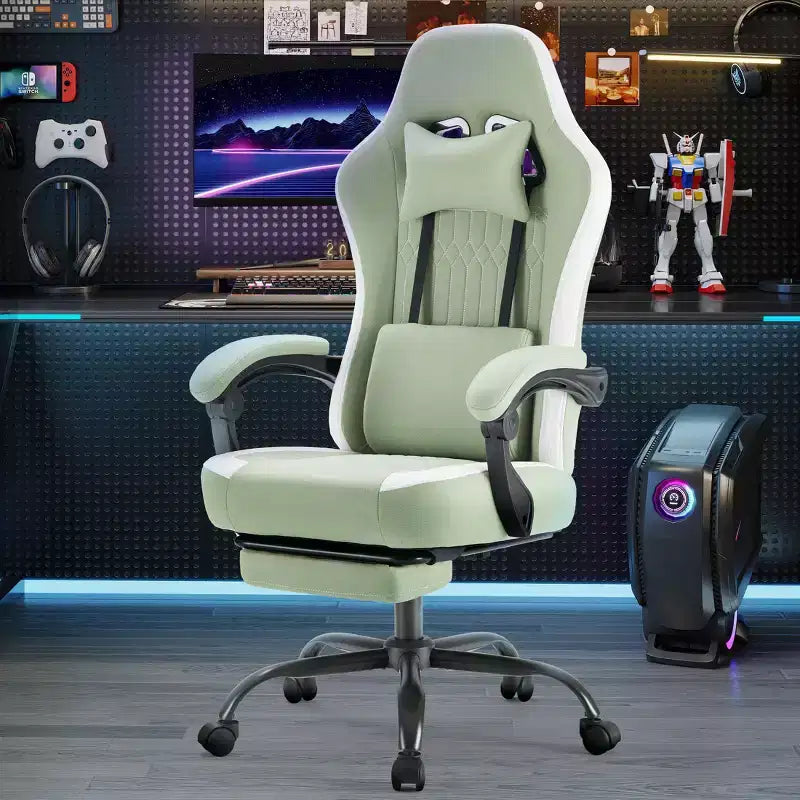 TUYOHW Fauteuil de bureau en microfibre pivotant à roulettes, avec appui-tête et coussin lombaire amovibles, chaise de jeu pour bureau