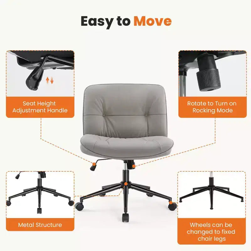 TUYOHW Chaise de Bureau Croisée Pivotante en Cuir PU à Roulettes, Chaise de Bureau avec Hauteur Réglable et Support Lombaire, Chaise de Gaming sans Accoudoirs pour le Bureau