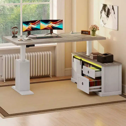 63inch Farmhouse Electric Standing Desk Adjustable Height Sit Stand Corner Stand Desks with Drawers & Sliding Door