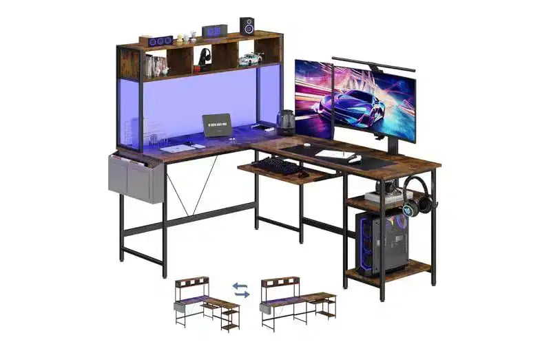 TUYOHW Bureau de jeu intelligent à LED en forme de L, bureaux d'ordinateur réversibles avec tiroir clavier, étagère de rangement, sac latéral, table d'angle pour salle de jeu, bureau à domicile