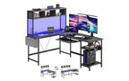 TUYOHW Bureau de jeu intelligent à LED en forme de L, bureaux d'ordinateur réversibles avec tiroir clavier, étagère de rangement, sac latéral, table d'angle pour salle de jeu, bureau à domicile