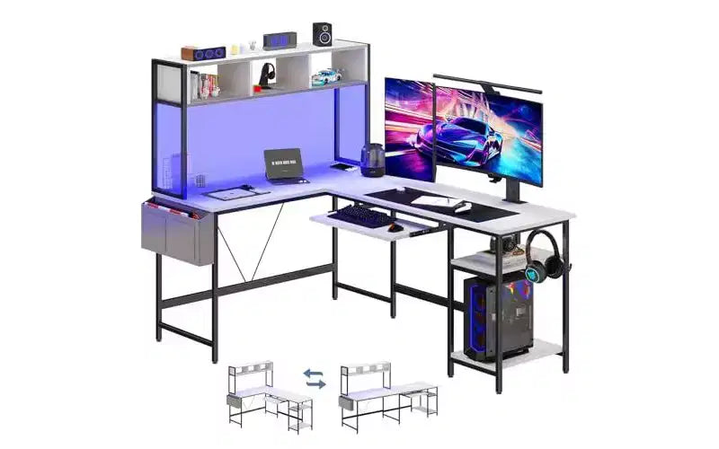 TUYOHW Bureau de jeu intelligent à LED en forme de L, bureaux d'ordinateur réversibles avec tiroir clavier, étagère de rangement, sac latéral, table d'angle pour salle de jeu, bureau à domicile