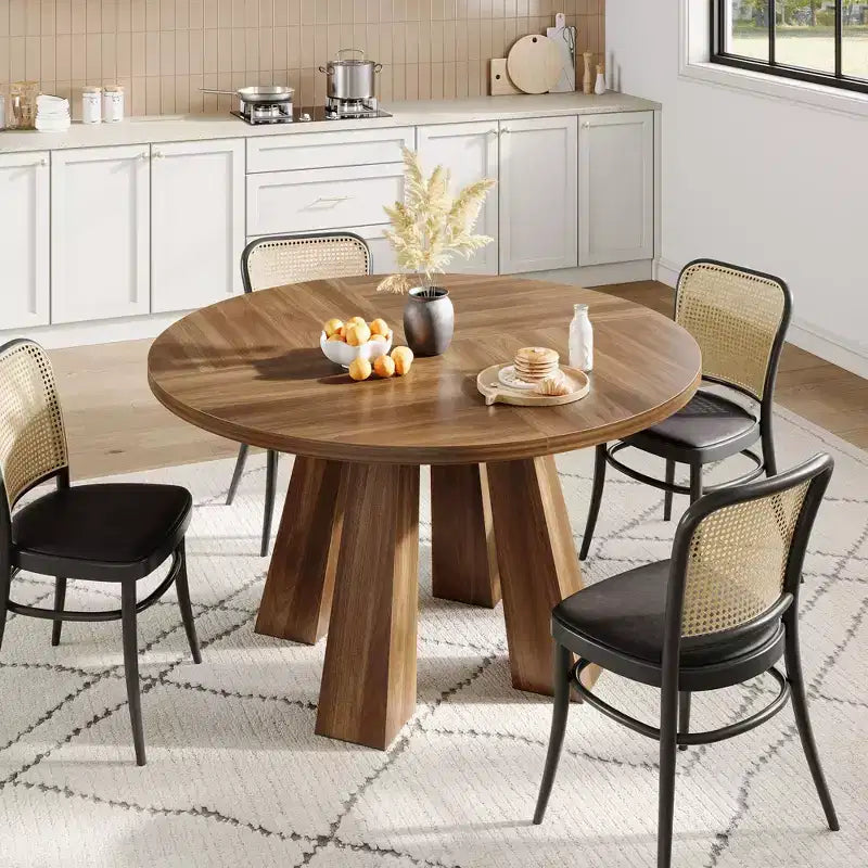 Table à manger ronde pour 4-6 personnes, table de cuisine en bois de 120 cm avec piédestal robuste pour salon, appartement