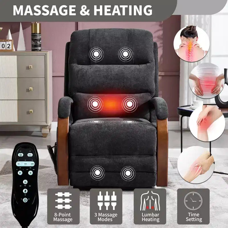 Fauteuil inclinable releveur en chenille grise avec accoudoirs en bois massif et massage chauffant pour salon/appartement