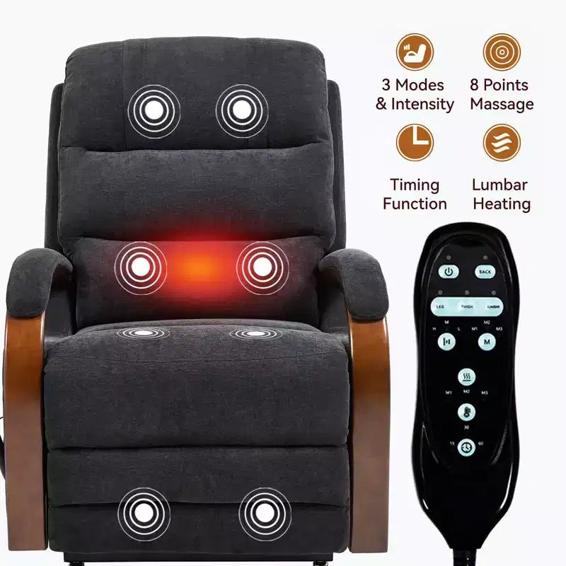 Fauteuil inclinable releveur en chenille grise avec accoudoirs en bois massif et massage chauffant pour salon/appartement