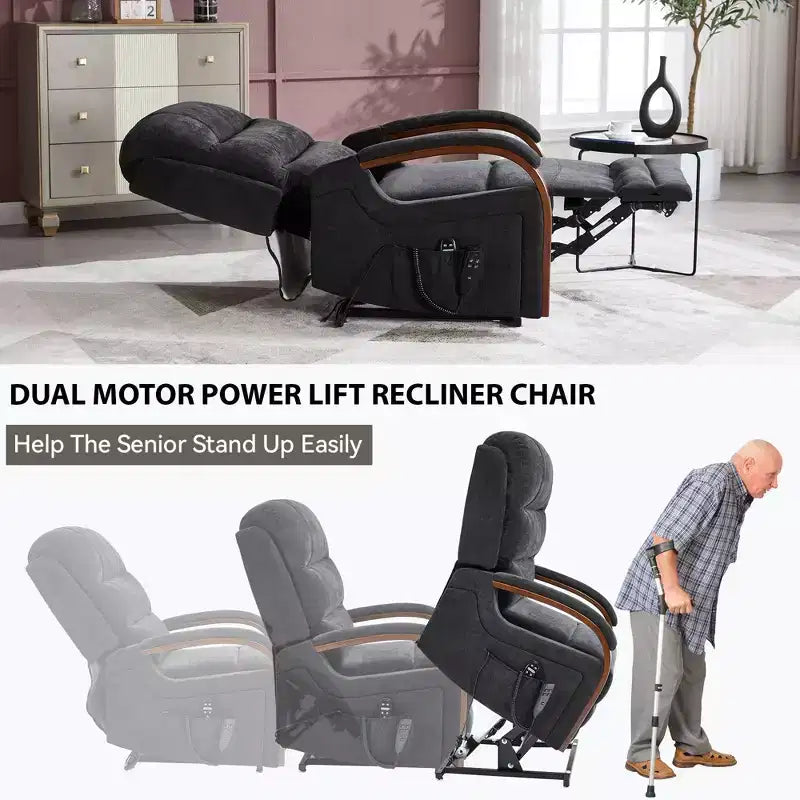 Fauteuil inclinable releveur en chenille grise avec accoudoirs en bois massif et massage chauffant pour salon/appartement