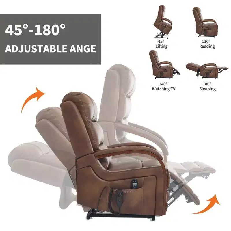 Fauteuil inclinable releveur en chenille grise avec accoudoirs en bois massif et massage chauffant pour salon/appartement