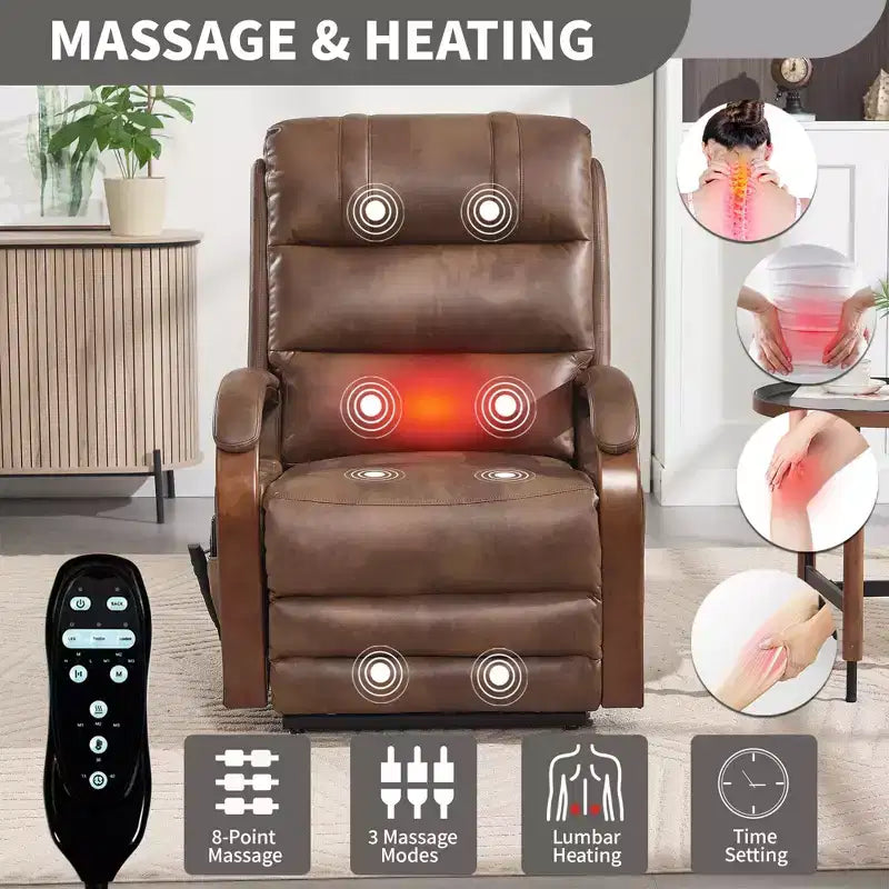 Fauteuil inclinable releveur en chenille grise avec accoudoirs en bois massif et massage chauffant pour salon/appartement