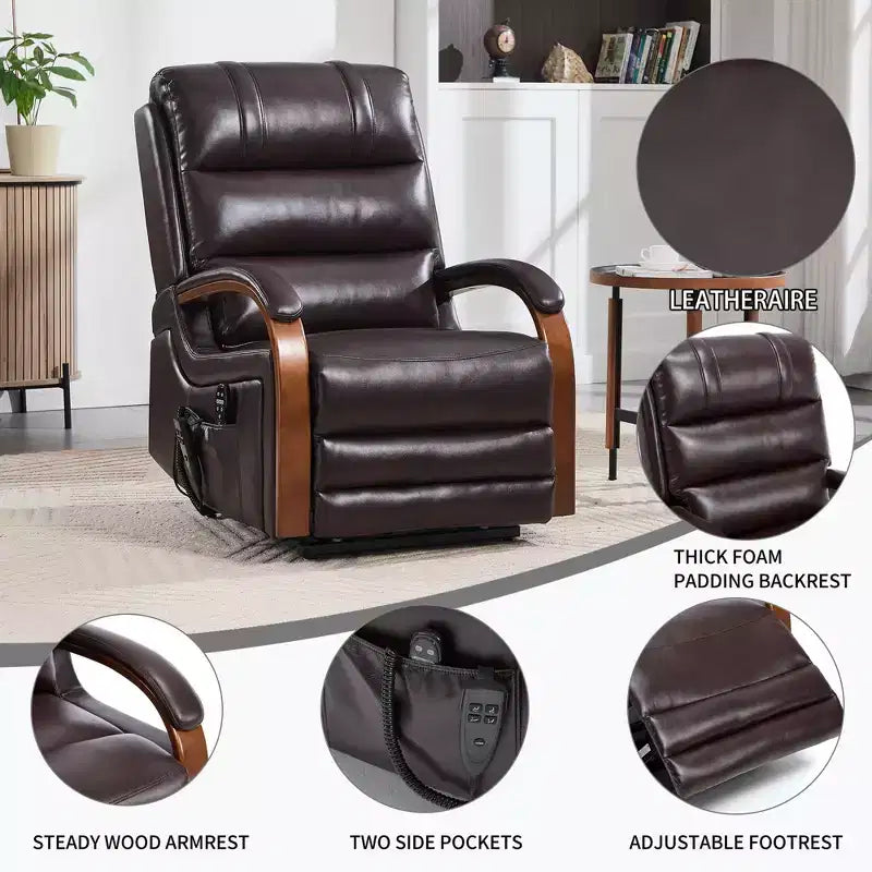 Fauteuil inclinable releveur en chenille grise avec accoudoirs en bois massif et massage chauffant pour salon/appartement