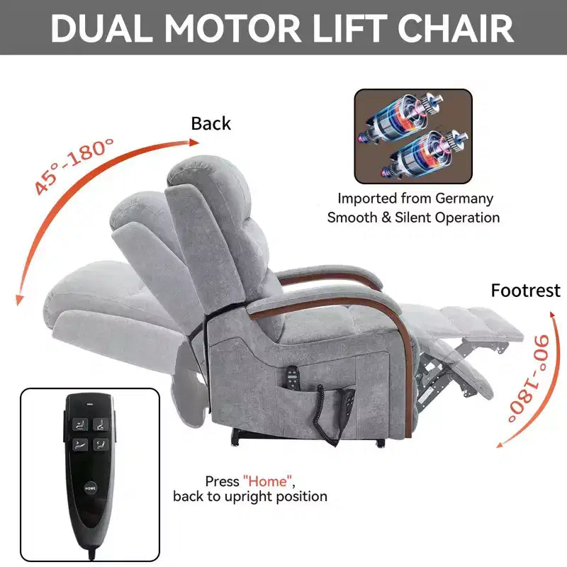 Fauteuil inclinable releveur en chenille grise avec accoudoirs en bois massif et massage chauffant pour salon/appartement