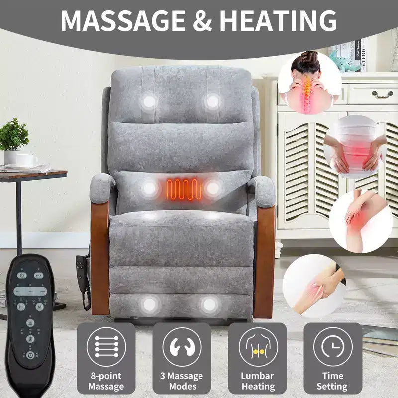 Fauteuil inclinable releveur en chenille grise avec accoudoirs en bois massif et massage chauffant pour salon/appartement