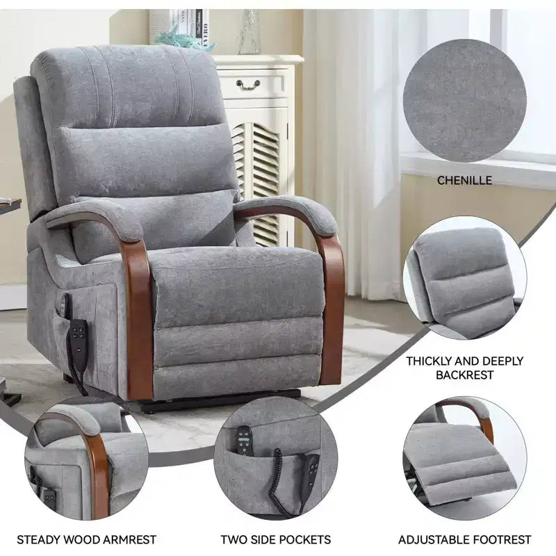 Fauteuil inclinable releveur en chenille grise avec accoudoirs en bois massif et massage chauffant pour salon/appartement