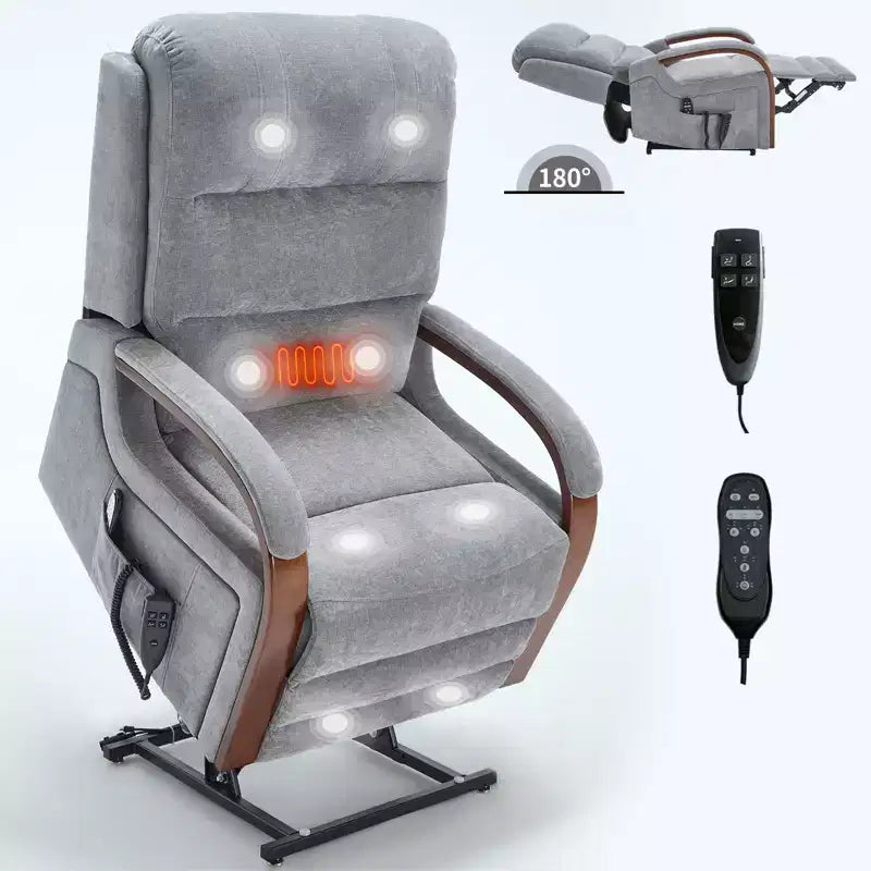 Fauteuil inclinable releveur en chenille grise avec accoudoirs en bois massif et massage chauffant pour salon/appartement