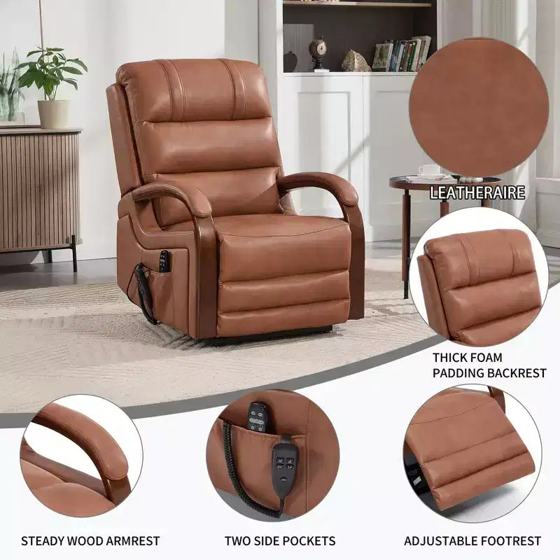 Fauteuil inclinable releveur en chenille grise avec accoudoirs en bois massif et massage chauffant pour salon/appartement