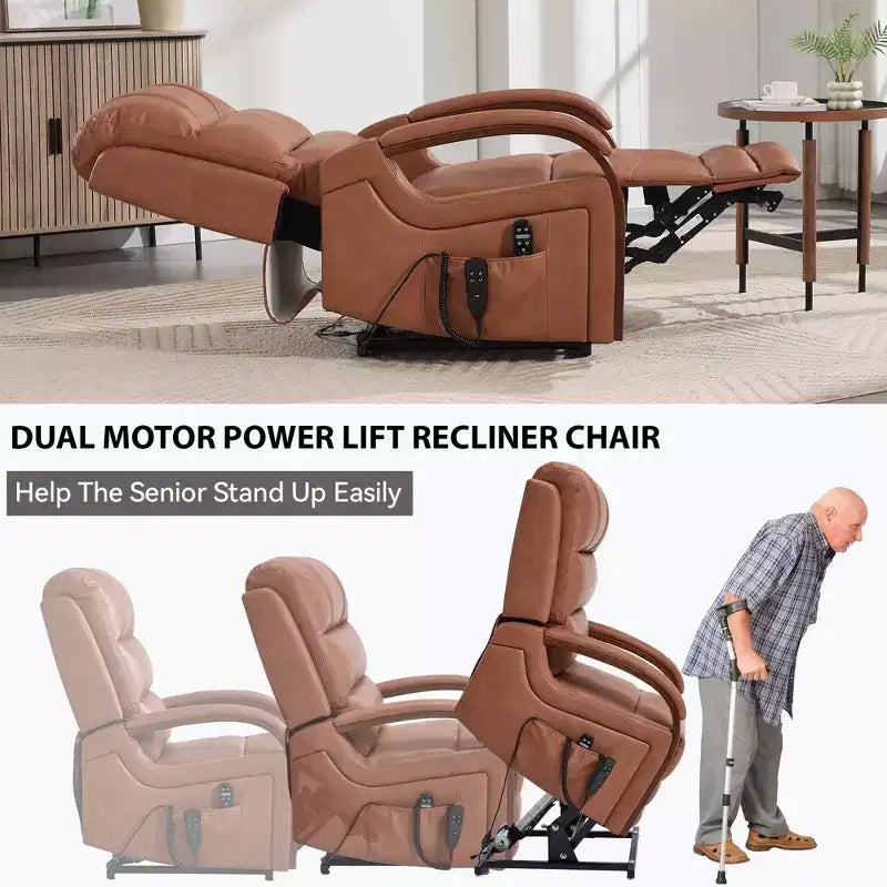 Fauteuil inclinable releveur en chenille grise avec accoudoirs en bois massif et massage chauffant pour salon/appartement