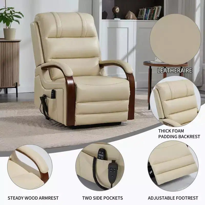 Fauteuil inclinable releveur en chenille grise avec accoudoirs en bois massif et massage chauffant pour salon/appartement