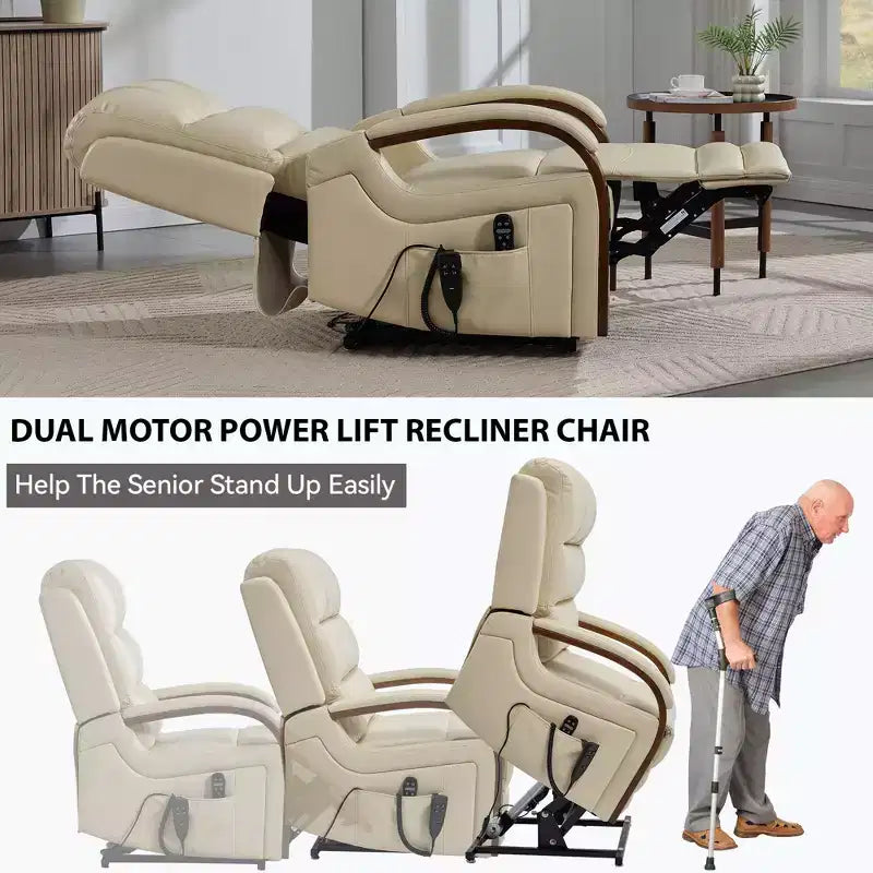 Fauteuil inclinable releveur en chenille grise avec accoudoirs en bois massif et massage chauffant pour salon/appartement