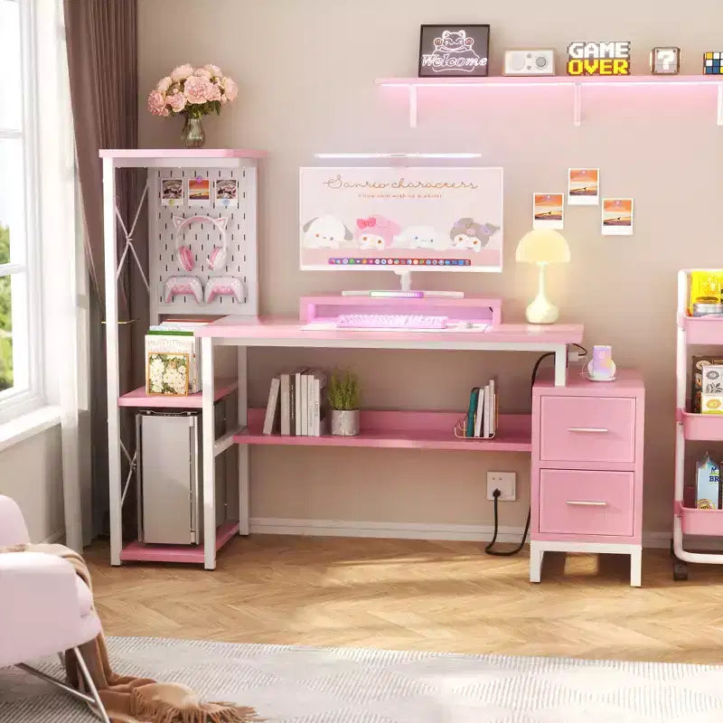 Bureau d'ordinateur Besiost avec prises électriques et tiroirs en tissu