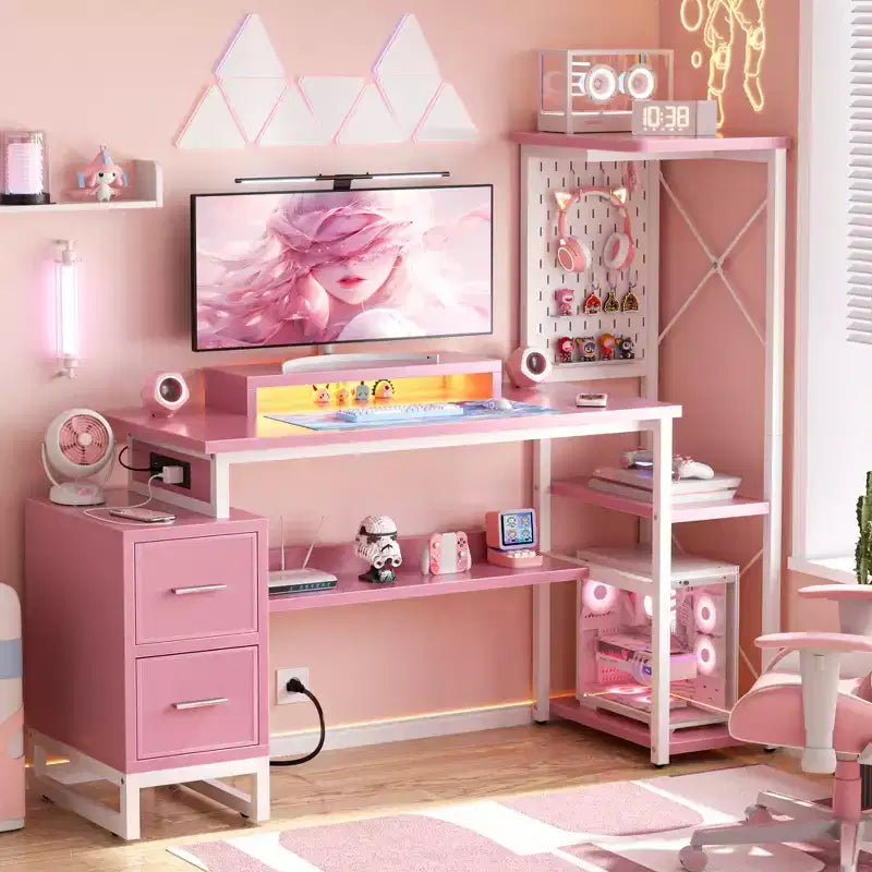 Bureau d'ordinateur Besiost avec prises électriques et tiroirs en tissu