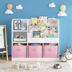 MAYEERTY Étagère de Rangement et Bibliothèque, Étagère Multifonctionnelle avec 3 Tiroirs en Tissu Pliables, Présentoir Bibliothèque pour Chambre à Coucher, Salle de Jeux, Blanc Rose