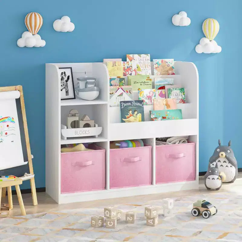 MAYEERTY Étagère de Rangement et Bibliothèque, Étagère Multifonctionnelle avec 3 Tiroirs en Tissu Pliables, Présentoir Bibliothèque pour Chambre à Coucher, Salle de Jeux, Blanc Rose