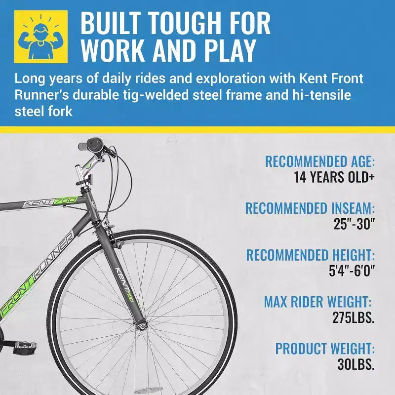 Vélo hybride Kent International Front Runner - 700c - Vélo de ville avec transmission 7 vitesses, roues légères en alliage et tige de selle réglable en hauteur
