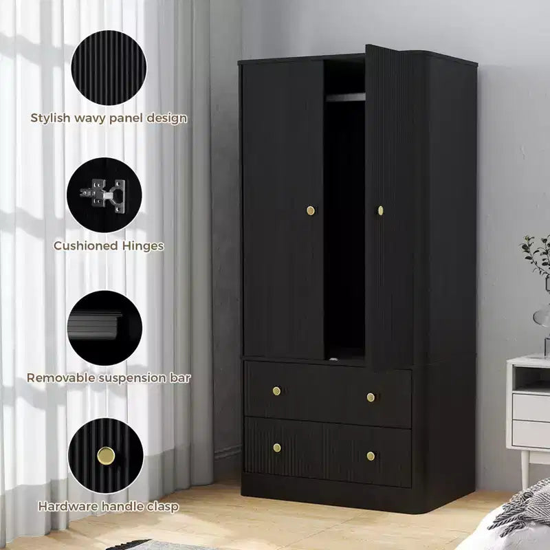 Armoire penderie 2 portes 2 tiroirs AEELLEEA, élégante armoire de rangement autoportante en bois pour chambre à coucher, salon, bureau