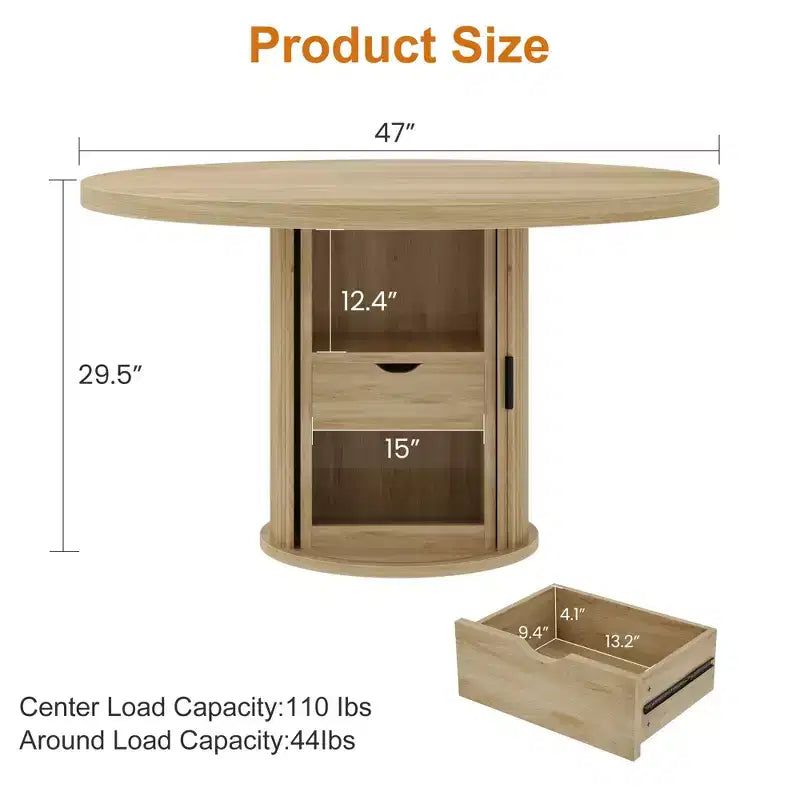 Table à manger ronde de 47 pouces pour 4 personnes, table de cuisine avec étagère de rangement à 2 niveaux et tiroir, table de ferme ronde (table seule)