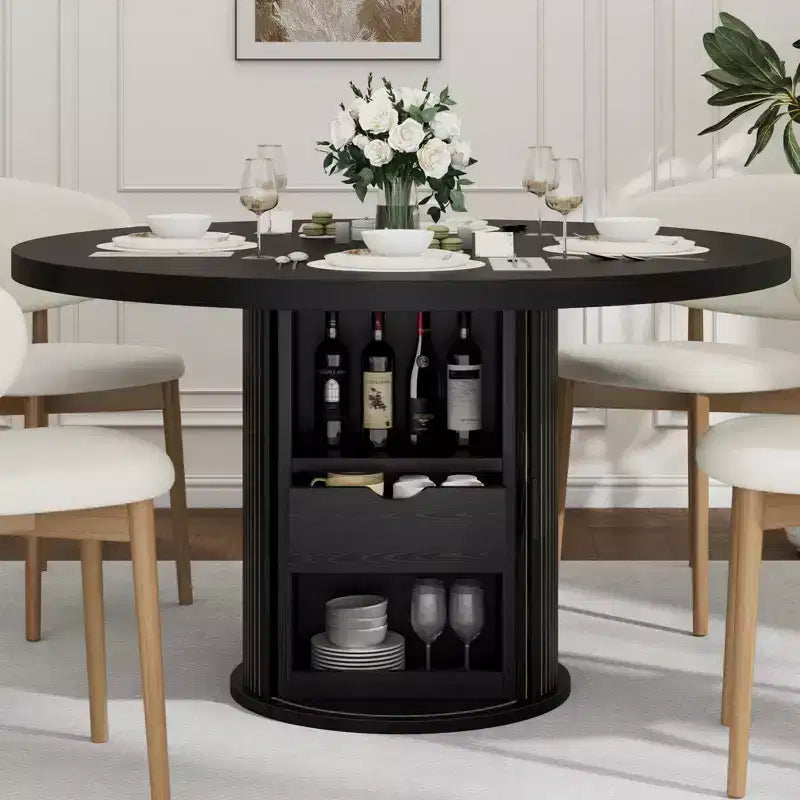 Table à manger ronde de 47 pouces pour 4 personnes, table de cuisine avec étagère de rangement à 2 niveaux et tiroir, table de ferme ronde (table seule)