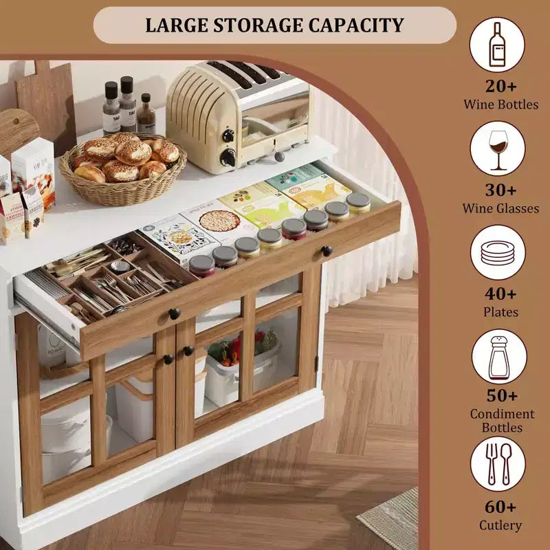 Buffet Bahut de 35,4 po avec porte vitrée, Buffet avec rangement, Bahut blanc et marron avec tiroir, Buffets et bahut modernes