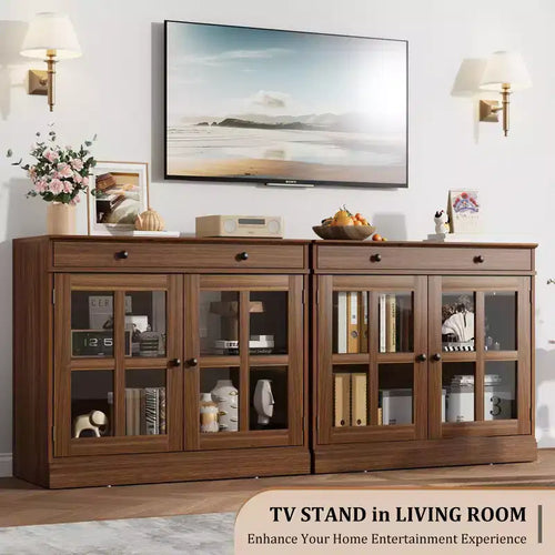 Buffet Bahut de 35,4 po avec porte vitrée, Buffet avec rangement, Bahut blanc et marron avec tiroir, Buffets et bahut modernes