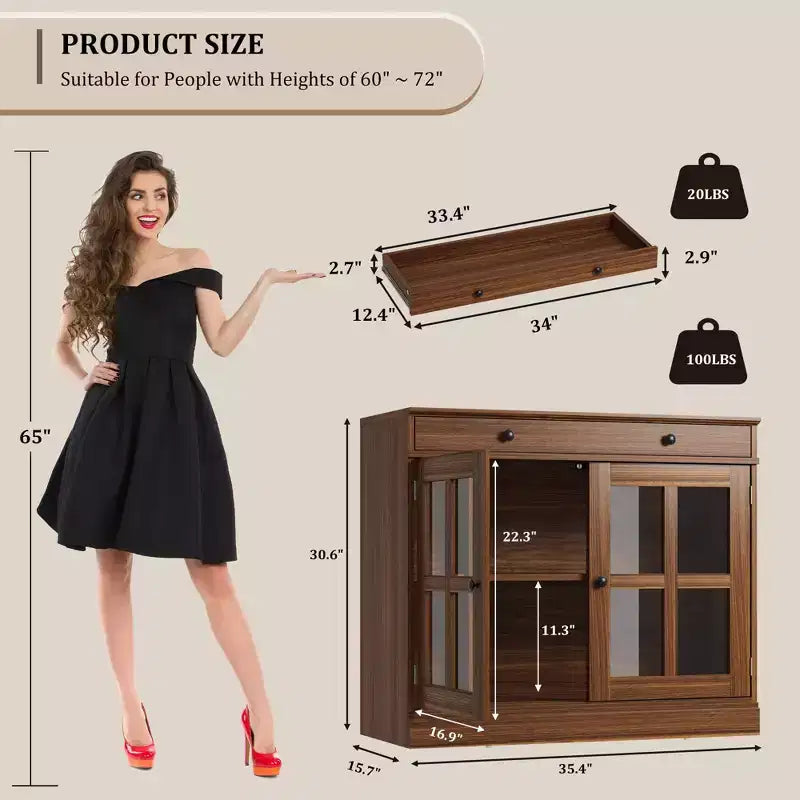 Buffet Bahut de 35,4 po avec porte vitrée, Buffet avec rangement, Bahut blanc et marron avec tiroir, Buffets et bahut modernes