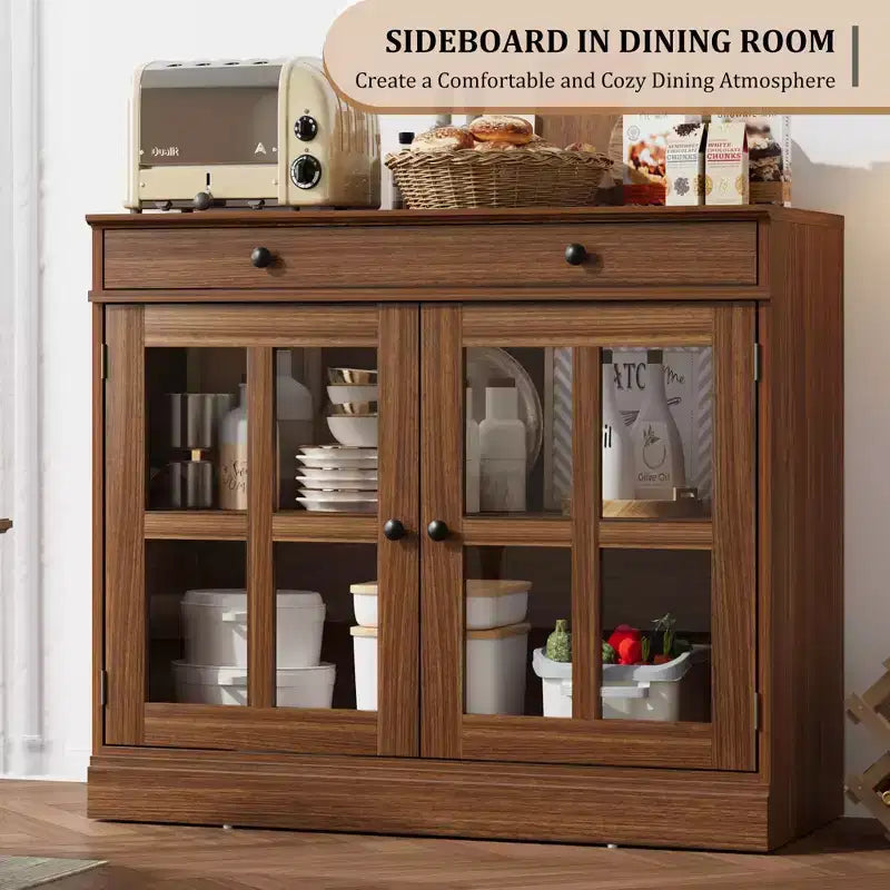 Buffet Bahut de 35,4 po avec porte vitrée, Buffet avec rangement, Bahut blanc et marron avec tiroir, Buffets et bahut modernes