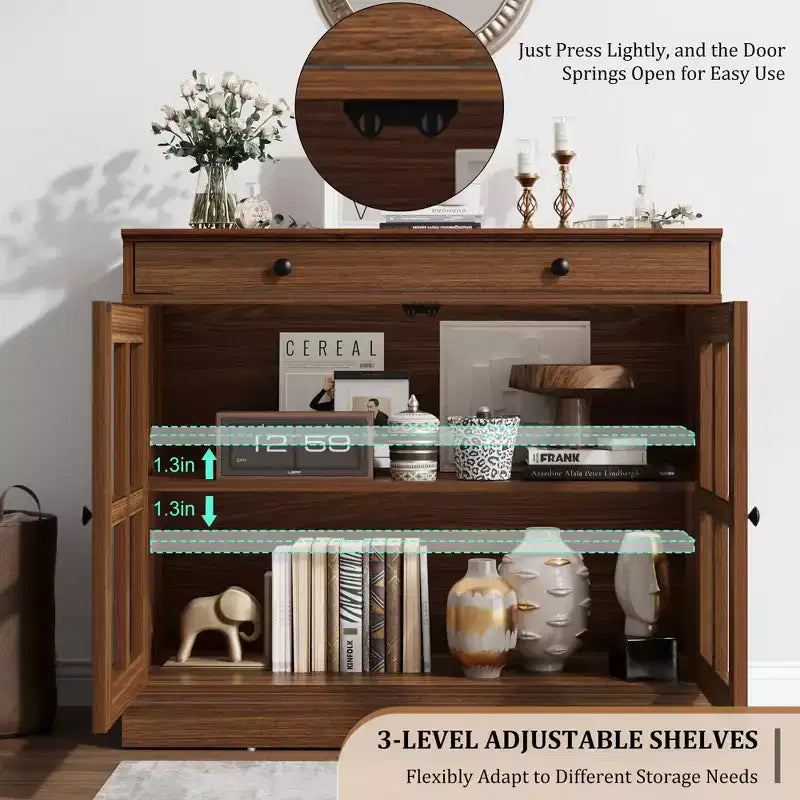 Buffet Bahut de 35,4 po avec porte vitrée, Buffet avec rangement, Bahut blanc et marron avec tiroir, Buffets et bahut modernes