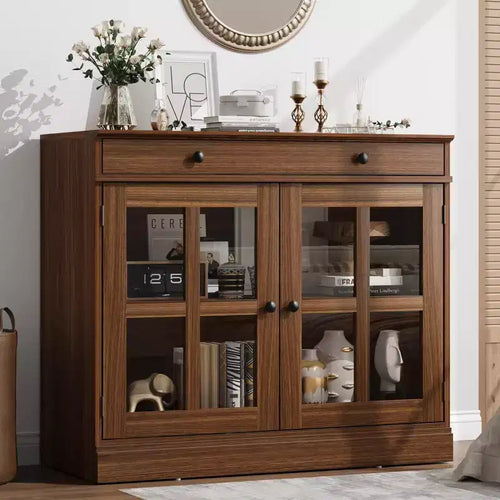 35.4 in Sideboard Buffet Cabinets with Glass Door, Buffet Cabinet with Storage, White&Brown Sideboard Cabinet with Drawer, Modern Buffets & Sideboards