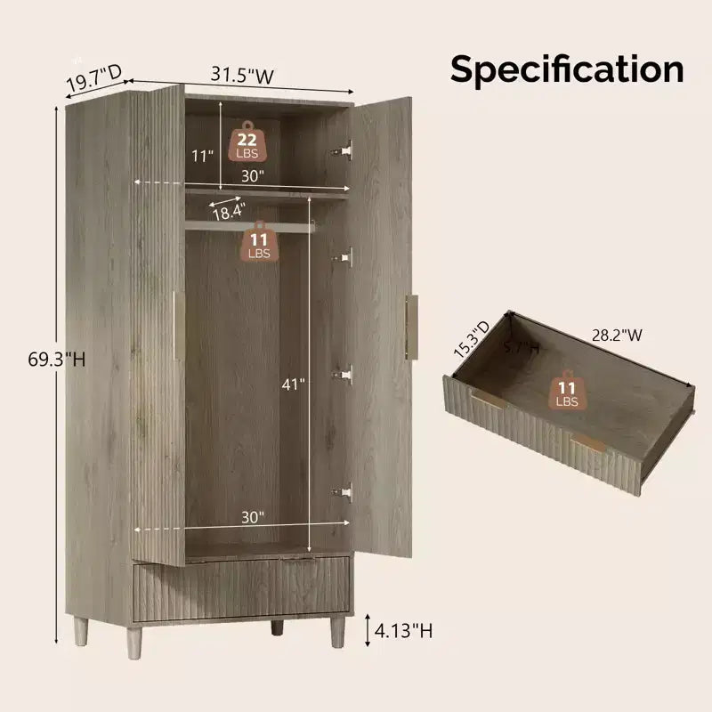 Armoire penderie 2 portes 1 tiroir