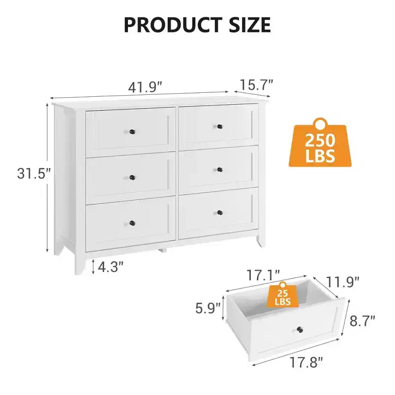 Commode à 6 tiroirs pour chambre à coucher, lot de 2 commodes de style rustique en bois pour vêtements, commodes de rangement avec poignées et tiroirs profonds