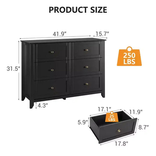 Commode à 6 tiroirs pour chambre à coucher, lot de 2 commodes de style rustique en bois pour vêtements, commodes de rangement avec poignées et tiroirs profonds